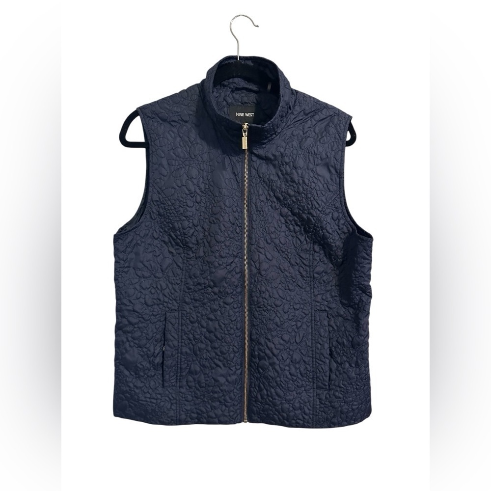 Nine West Quilted ZIP Up Blue Jacket‎ Vest Coat Women's L With Pocket Sleeveless